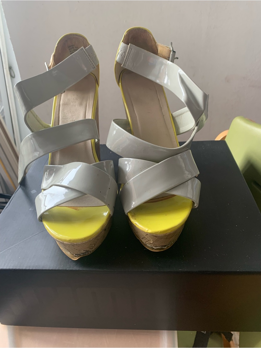 Patent Crisscross Platform Sandal in Light Gray and Yellow
